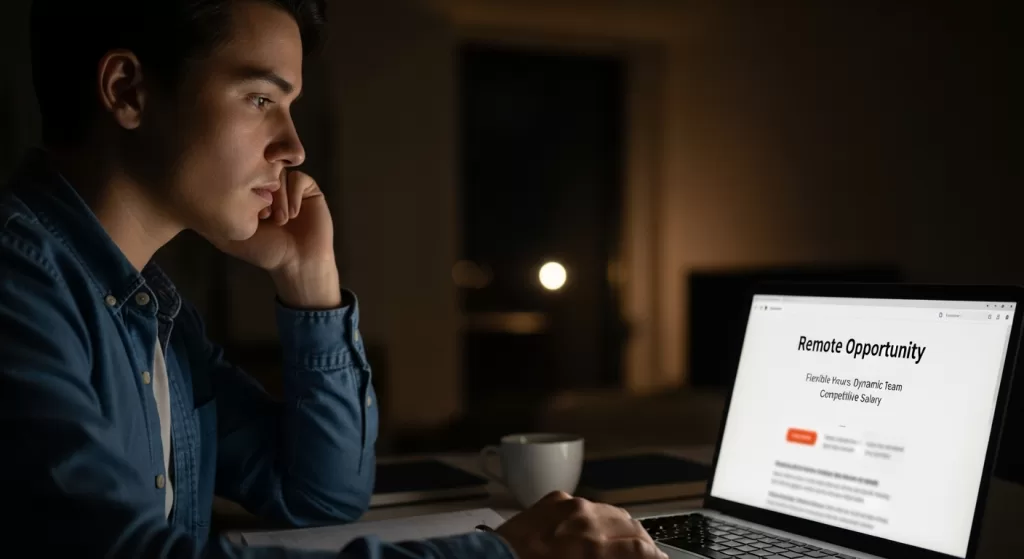 A young man in a casual home setting sits at a desk, money laundering. looking at his laptop with a job ad glowing on the screen, his face curious but unsure.