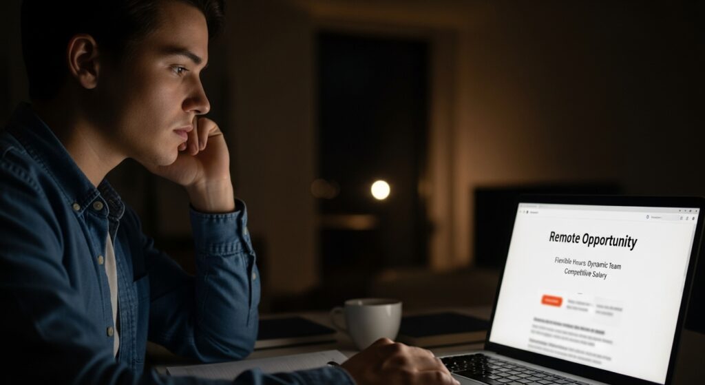 A young man in a casual home setting sits at a desk, money laundering. looking at his laptop with a job ad glowing on the screen, his face curious but unsure.