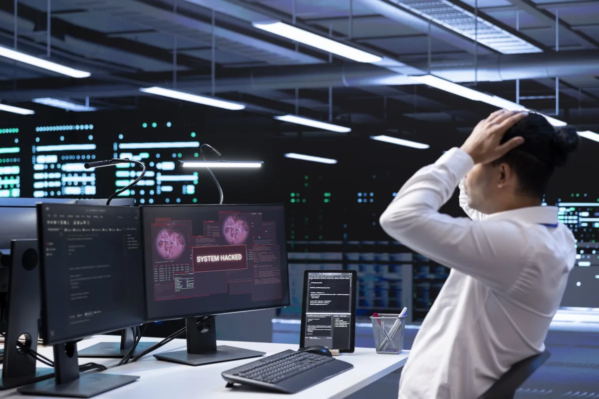 A technician in a server hub does a face palm gesture as GCash confirms no data leak in its system