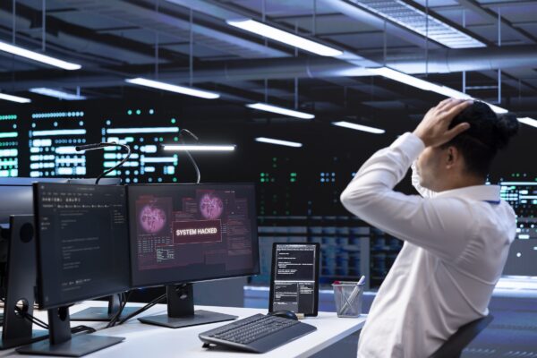 A technician in a server hub does a face palm gesture as GCash confirms no data leak in its system
