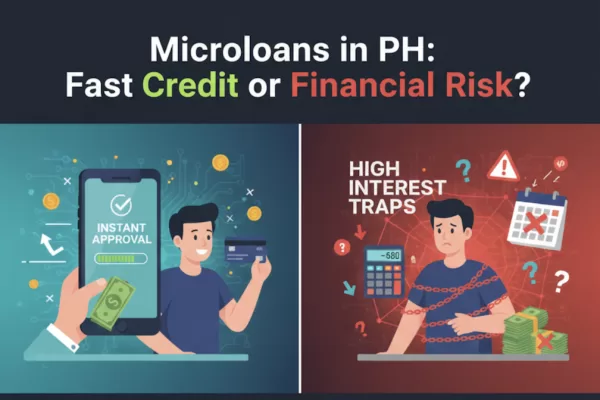 Caricature showing 2 men trying to secure a loan to illustrate the pros and cons of a microloan