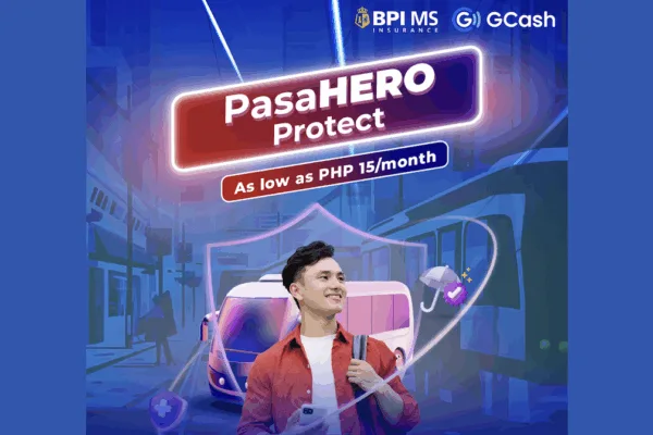 Poster showing a passenger enclosed in a shield as GCash and BPI MS launch ‘PasaHERO Protect’ insurance for Filipinos commuters