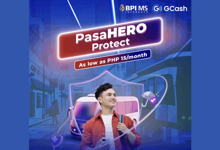 Poster showing a passenger enclosed in a shield as GCash and BPI MS launch ‘PasaHERO Protect’ insurance for Filipinos commuters