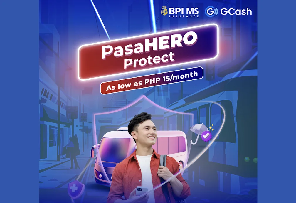 Poster showing a passenger enclosed in a shield as GCash and BPI MS launch ‘PasaHERO Protect’ insurance for Filipinos commuters