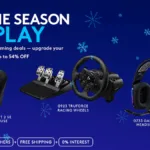 Blue background poster for Logitech showing various PC peripherals as the company announces you can now enjoy discounts this 11.11