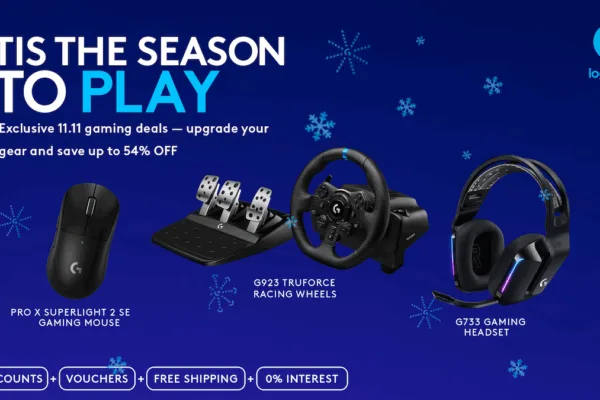 Blue background poster for Logitech showing various PC peripherals as the company announces you can now enjoy discounts this 11.11