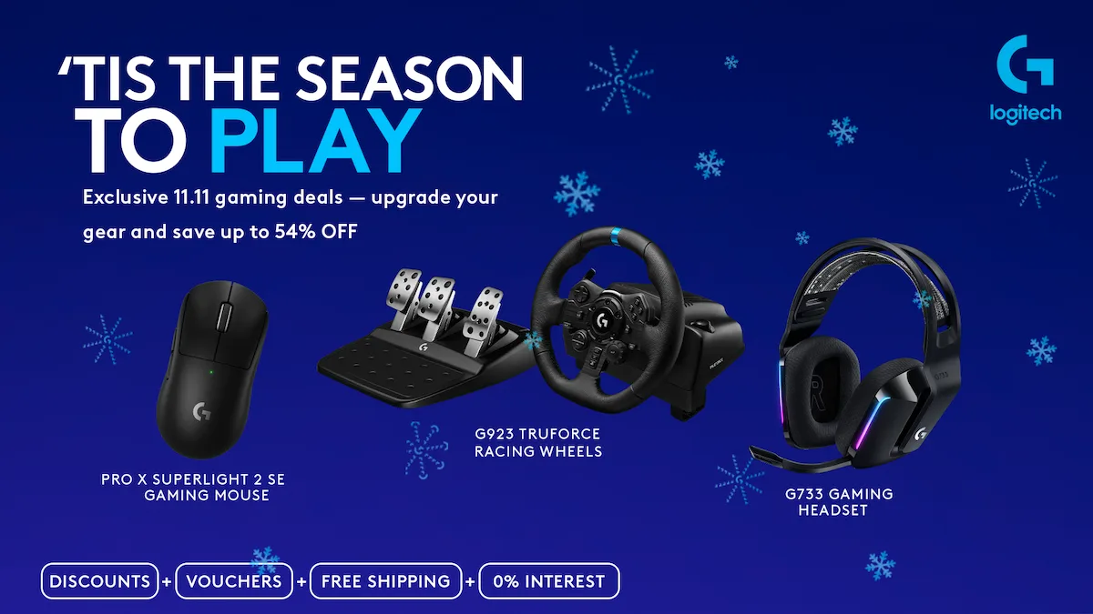 Blue background poster for Logitech showing various PC peripherals as the company announces you can now enjoy discounts this 11.11