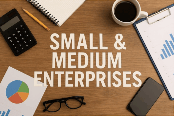 Image of a desk with a cup, calculator and the words "Small & Medium Enterprises" to illustrate how ManageEngine’s 40% cloud surge is powering new digital opportunities for PH SMEs