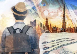 A Filipino overseas worker, remittances, and tall buildings is used to illustrate this OFW savings guide 2025 and the "best banks and apps" to manage money from abroad