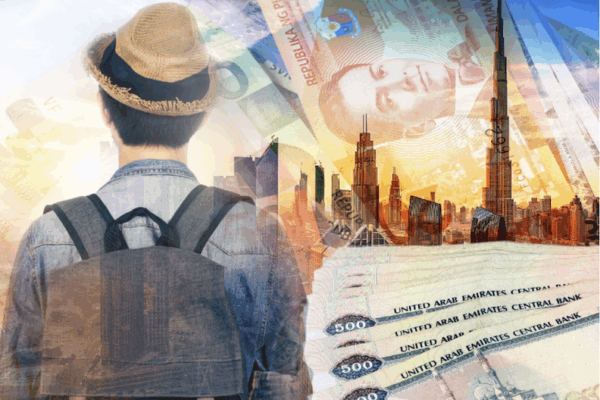 A Filipino overseas worker, remittances, and tall buildings is used to illustrate this OFW savings guide 2025 and the "best banks and apps" to manage money from abroad