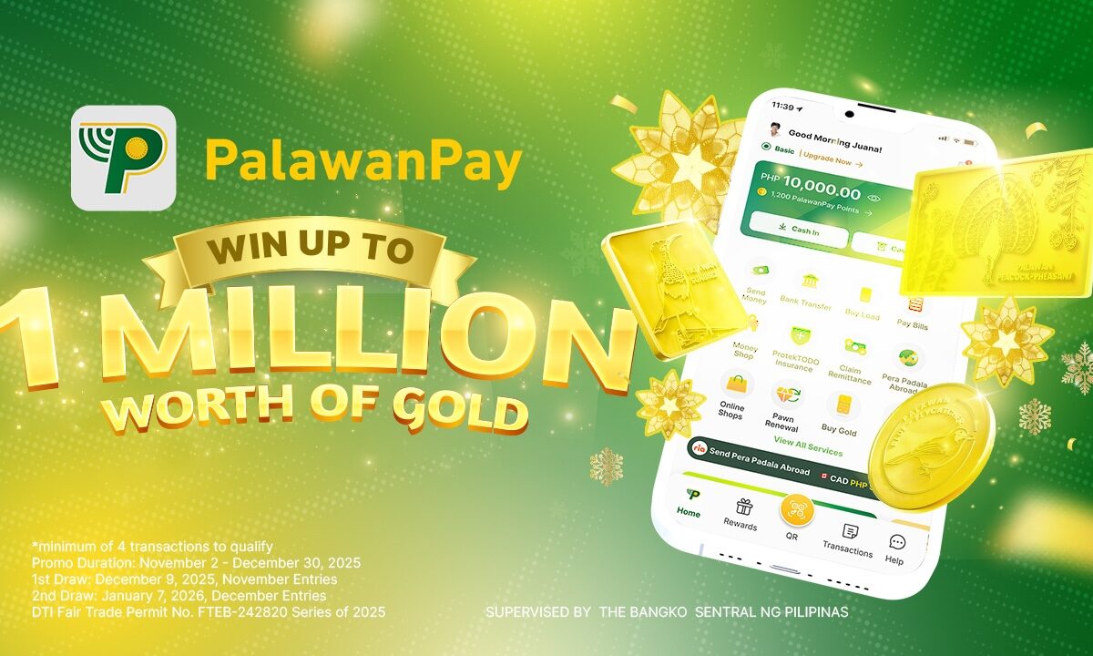Poster showing a mobile phone and the PalawanPay logo as the pawnshop company launches nationwide “Gintong Pamasko” raffle