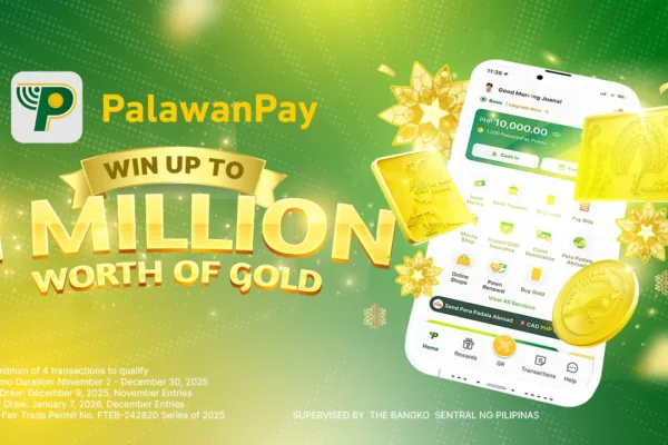 Poster showing a mobile phone and the PalawanPay logo as the pawnshop company launches nationwide “Gintong Pamasko” raffle