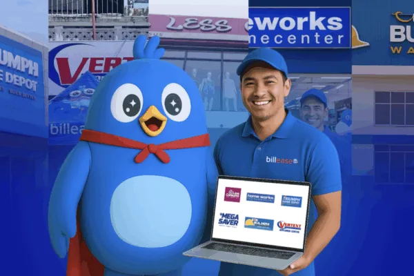 A man holding a laptop smiles beside a mascot as PayRex expands BillEase BNPL to thousands of PH merchants
