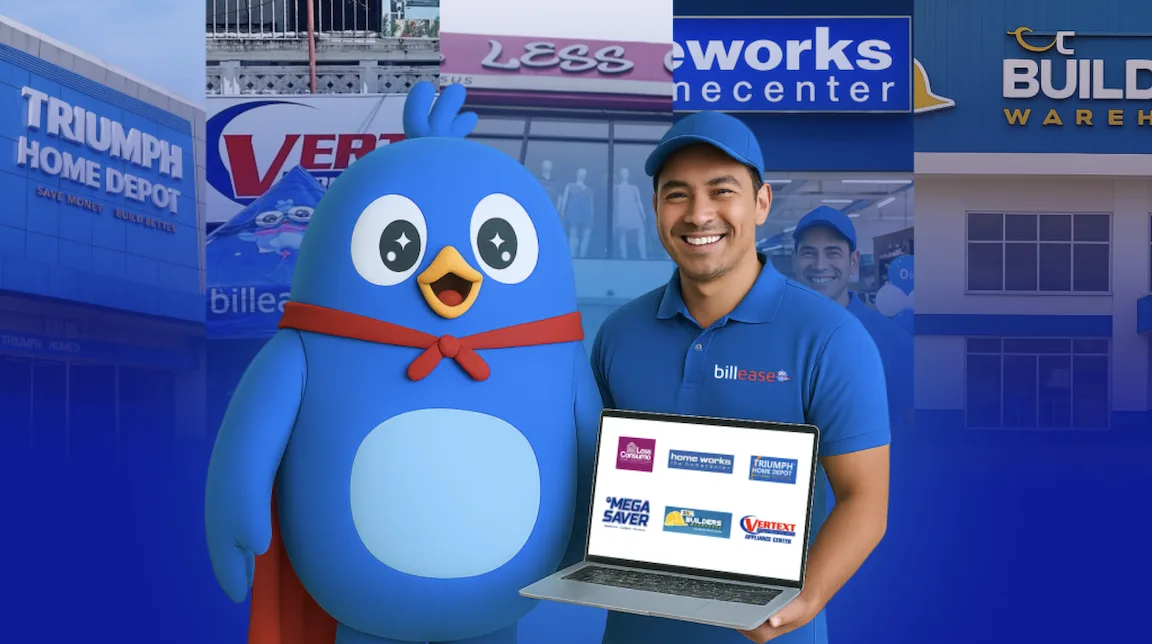 A man holding a laptop smiles beside a mascot as PayRex expands BillEase BNPL to thousands of PH merchants