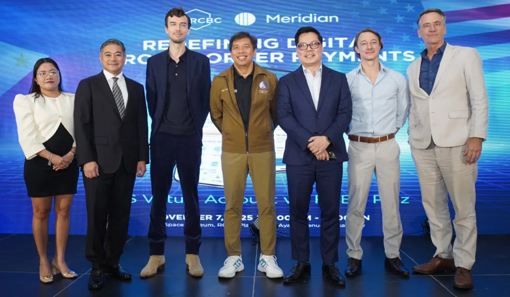 From L-R: Commission on Filipino Overseas Undersecretary Ma. Arlene Borja, RCBC President and CEO Reggie Cariaso, Meridian Co-Founder and CEO Will Haering, Department of Information and Communications Technology Secretary Henry Aguda, RCBC Executive Vice President and Chief Innovations and Inclusion Officer Lito Villanueva, Meridian Co-Founder and President Bradley Riss, and US Embassy Senior Commercial Officer Paul Taylor.