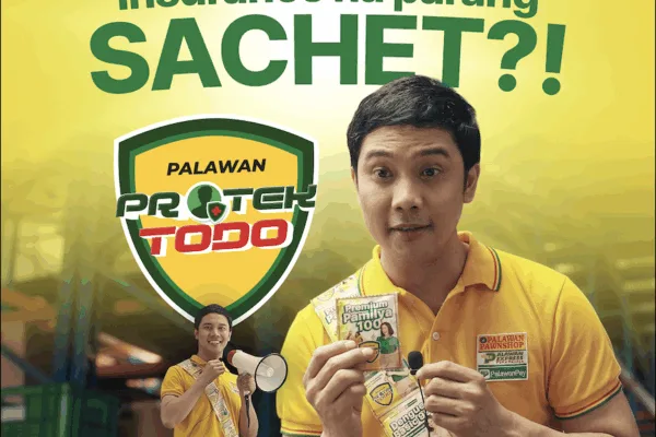 A man in yellow short holding sachets as Palawan ProtekTODO makes financial protection an affordable gift for every Filipino