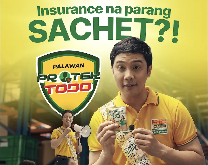 A man in yellow short holding sachets as Palawan ProtekTODO makes financial protection an affordable gift for every Filipino
