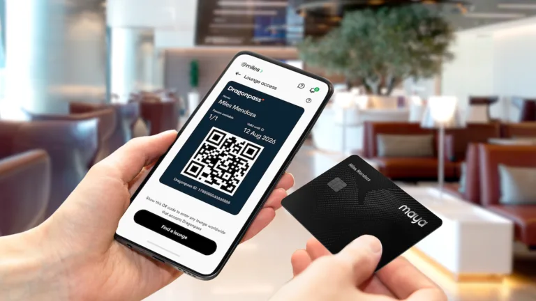 Image of a mobile phone and the Maya Black card as the fintech company and Dragonpass make premium travel as simple as a tap