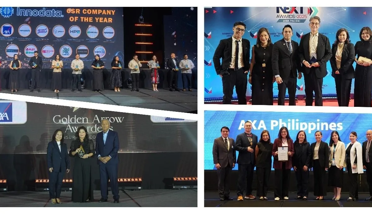 Collage of photos showing AXA Phils. execs receiving various awards as the company dominates 2025 awards for innovation, employee engagement, and travel insurance