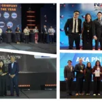 Collage of photos showing AXA Phils. execs receiving various awards as the company dominates 2025 awards for innovation, employee engagement, and travel insurance
