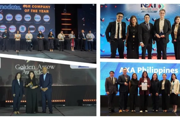 Collage of photos showing AXA Phils. execs receiving various awards as the company dominates 2025 awards for innovation, employee engagement, and travel insurance