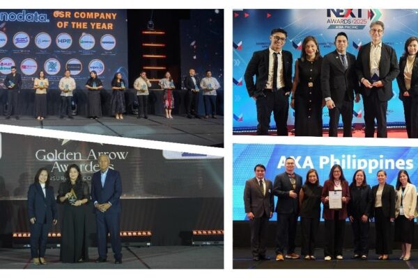 Collage of photos showing AXA Phils. execs receiving various awards as the company dominates 2025 awards for innovation, employee engagement, and travel insurance