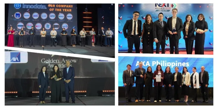 Collage of photos showing AXA Phils. execs receiving various awards as the company dominates 2025 awards for innovation, employee engagement, and travel insurance