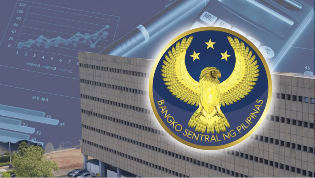 BSP logo on top of its building to show how the central bank's action to cut key rate as FDI inflows rise is supporting economic growth
