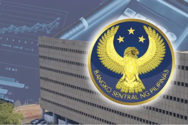 BSP logo on top of its building to show how the central bank's action to cut key rate as FDI inflows rise is supporting economic growth