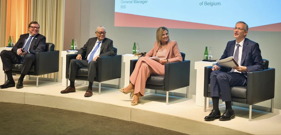 BSP Governor Eli M. Remolona, Jr. (second from left) and Her Majesty, Queen Máxima of the Netherlands, discuss financial health in Basel