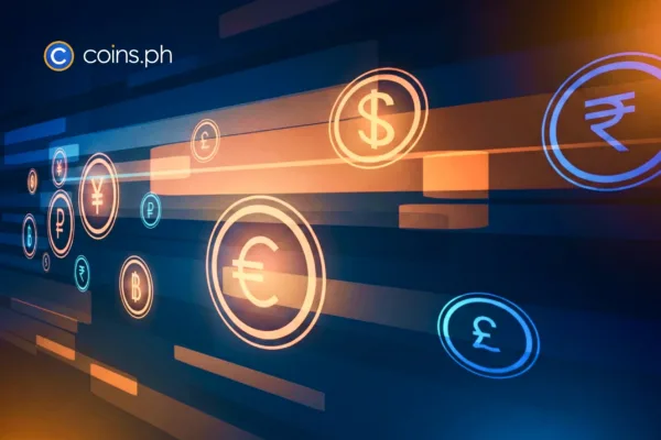 Logo of Coins.ph and different fiat currencies as the company cuts FX spreads to 2 bps, takes on banks in institutional forex market