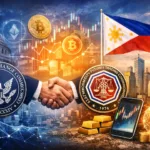 Caricature showing 2 nations shaking hands as U.S. crypto regulatory shifts set to ripple into Philippine fintech and trading landscape