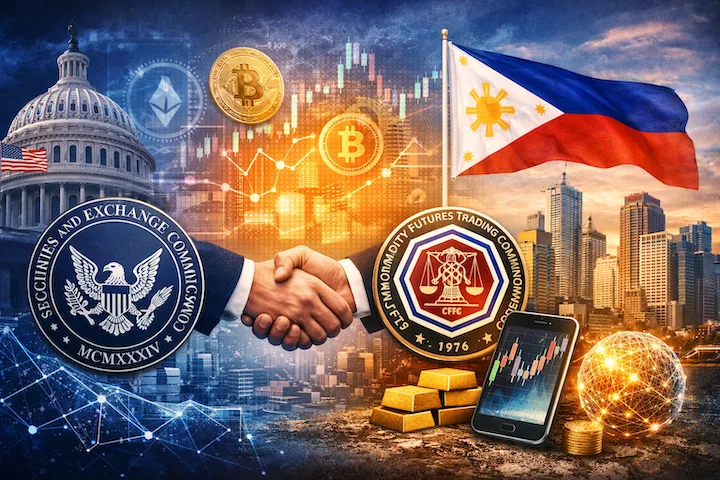 Caricature showing 2 nations shaking hands as U.S. crypto regulatory shifts set to ripple into Philippine fintech and trading landscape
