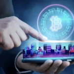 A man's fingers touches the screen to make Crypto transactions