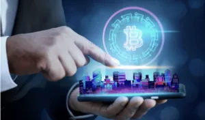 A man's fingers touches the screen to make Crypto transactions