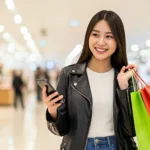 A girl with a shopping bag smiles as EastWest brings Google Pay to cardholders, making everyday payments easier with just 1 tap