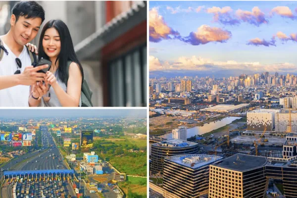 Image of a young couple, high rise towers and the Makati skyline as PH economy shows resilience amid debt, deficit, and monetary policy shifts