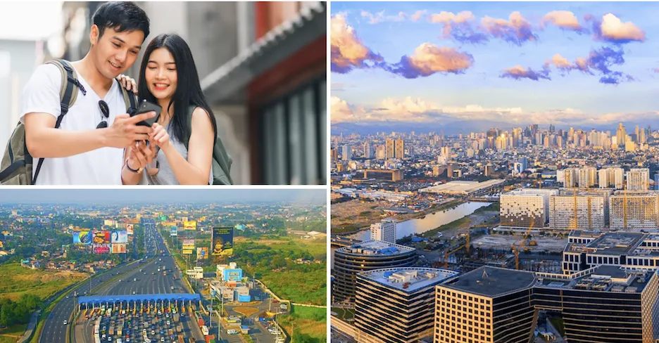Image of a young couple, high rise towers and the Makati skyline as PH economy shows resilience amid debt, deficit, and monetary policy shifts