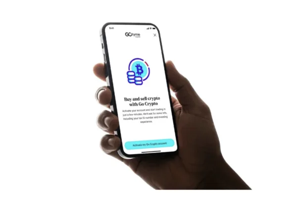 Poster showing a handheld mobile phone which was used to announce that GoTyme Bank has just launched GoCrypto