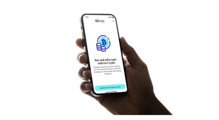 Poster showing a handheld mobile phone which was used to announce that GoTyme Bank has just launched GoCrypto
