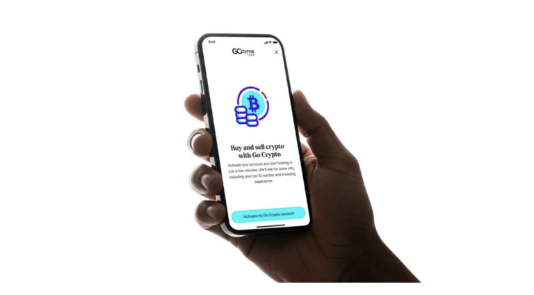 Poster showing a handheld mobile phone which was used to announce that GoTyme Bank has just launched GoCrypto