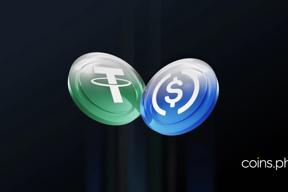 Two cryptocurrency coins shown side by side as Coins.ph reveals 5 ways stablecoin remittances are supercharging cross-border payments