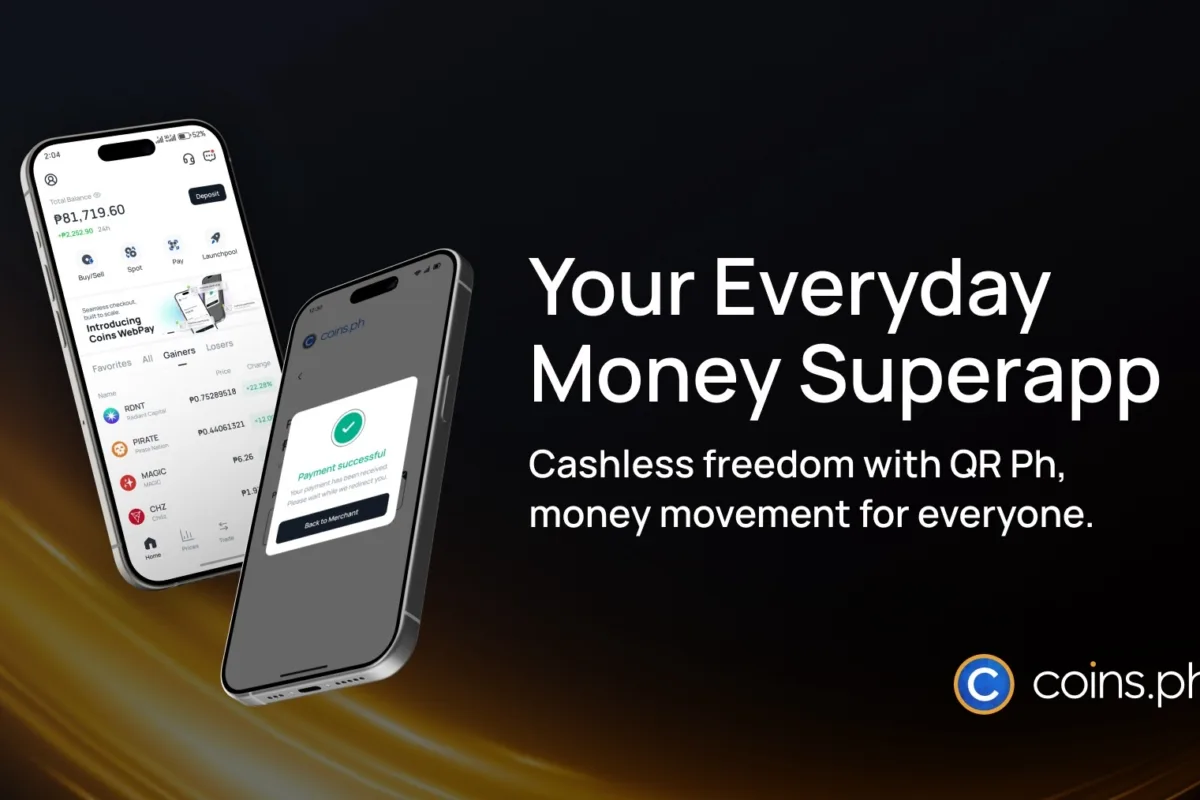 Poster showing a mobile phone with the Coins.ph app as the company unveils everyday all-in-one financial app, expands push into payments, Stablecoin remittances