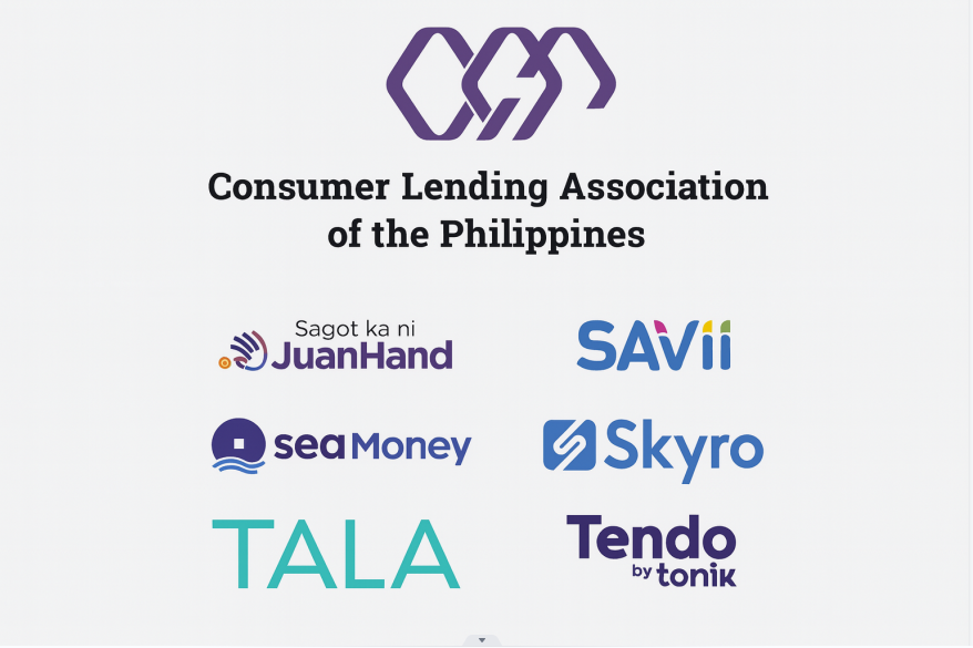 A banner displaying the Consumer Lending Association of the Philippines (CLAP) logo at the top, with member company logos below: JuanHand, SAVii, SeaMoney, Skyro, TALA, and Tendo by Tonik.