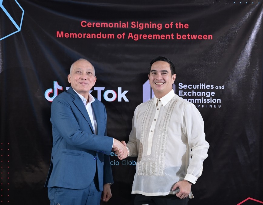 Securities and Exchange Commission Philippines Rogelio Quevedo with Yves Gonzalez, Head of Public Policy for the Philippines at TikTok
