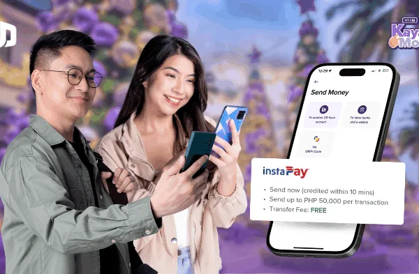 Poster showing 2 people holding a mobile phone with the UnionDigital Bank app as the bank rolls out unlimited, free InstaPay transfers ahead of peak holiday 'padala season'