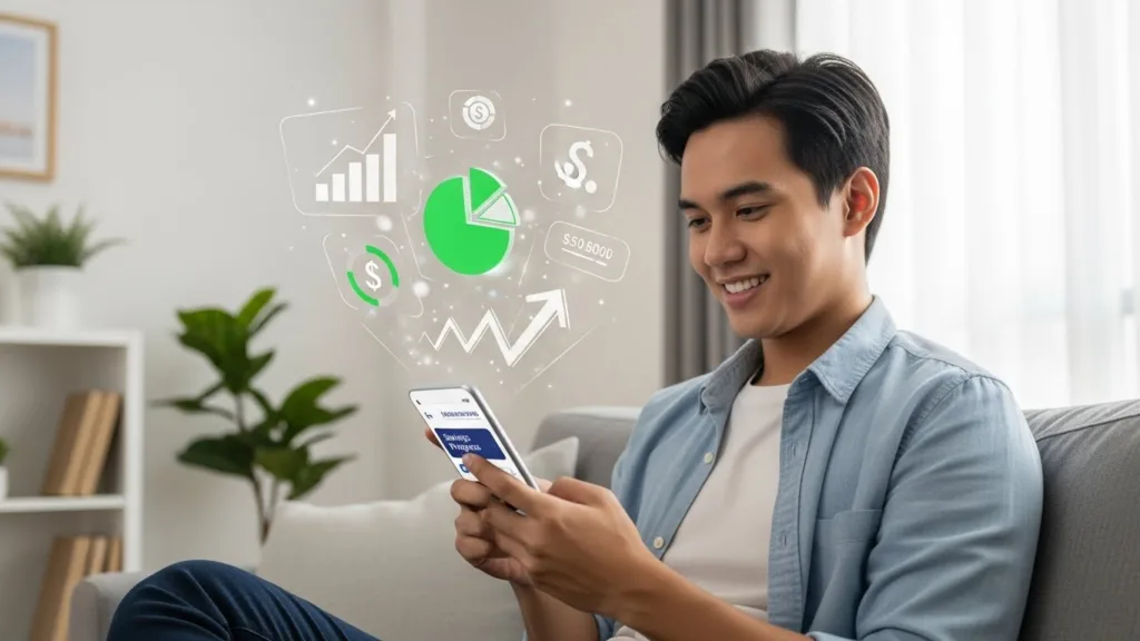 A young Filipino using a smartphone app to track savings, representing Digital banks Philippines reshaping saving habits.