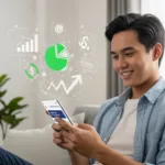 A man smiles while using his phone to transact with digital banks