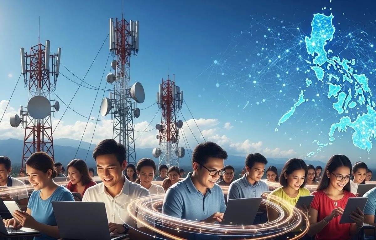 People happily working under transmission towers under the DICT's Konektadong Pinoy project