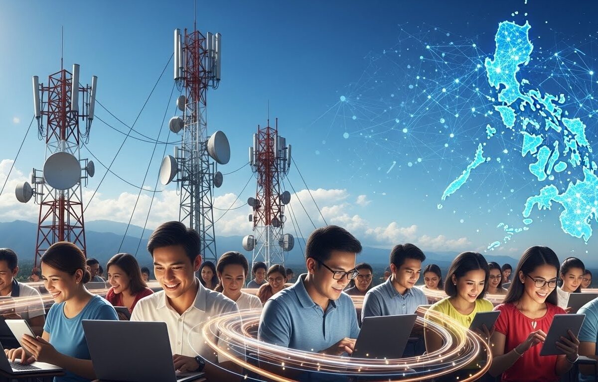 People happily working under transmission towers under the DICT's Konektadong Pinoy project